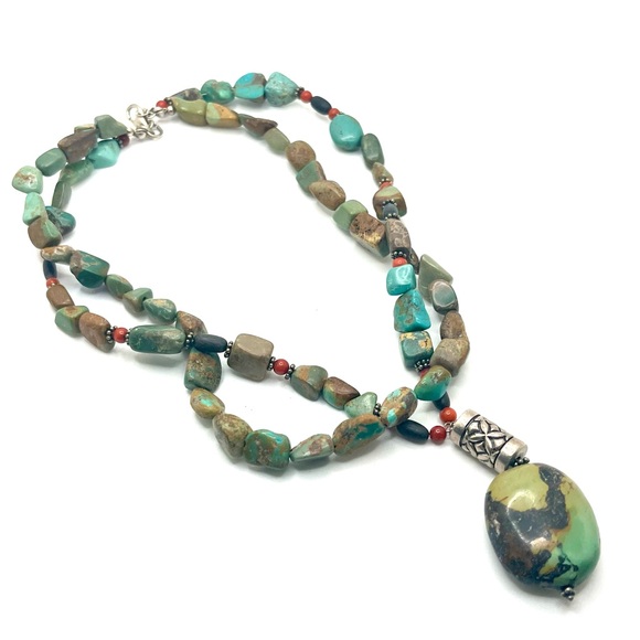 Artisan Stone Necklace Turquoise Color Jasper Pendant Sterling Silver Accents - Picture 10 of 13